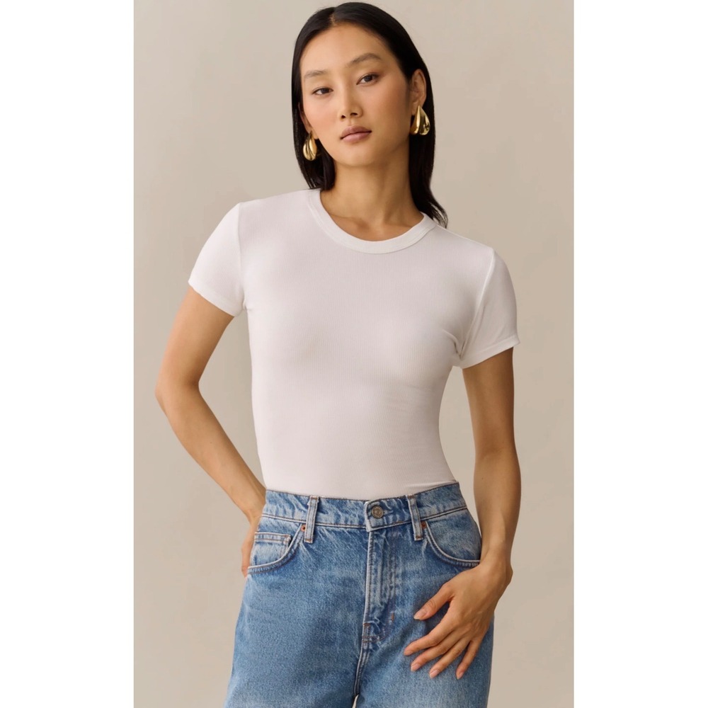 Few Moda CAARA White Ribbed Short Sleeve Soft Lounge Top C23KTP01795 Large NWT